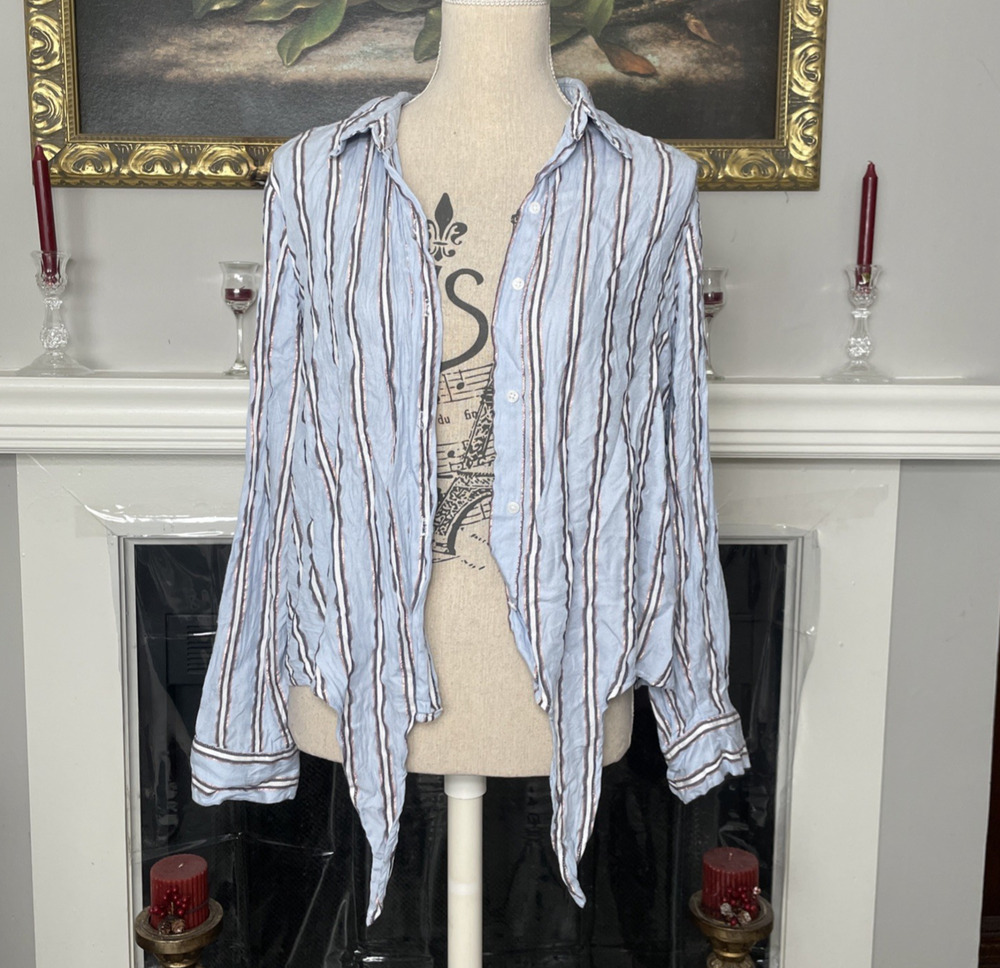 JENNIFER LOPEZ Rolled Sleeve Metallic Stripe Collared Top Large